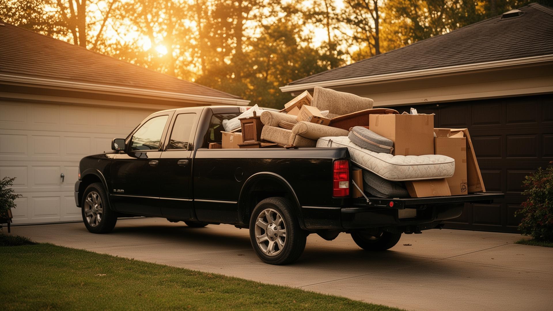 Black pickup truck loaded with junk